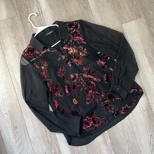 Velvet Burnout Blouse sheer button up womens Black (medium) dark romantic grunge